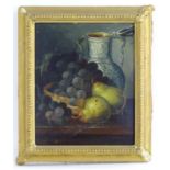 George Webber, XIX, Oil on board, A still life study of grapes, pears and a lidded jug on a table.