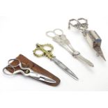 Assorted 19thC and later items to include silver plate grape shears, close plate wick trimmers,