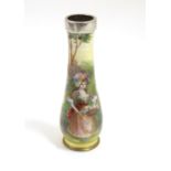 A 20thC bud vase with .925 silver rim and guilloche enamel style decoration and hand painted image