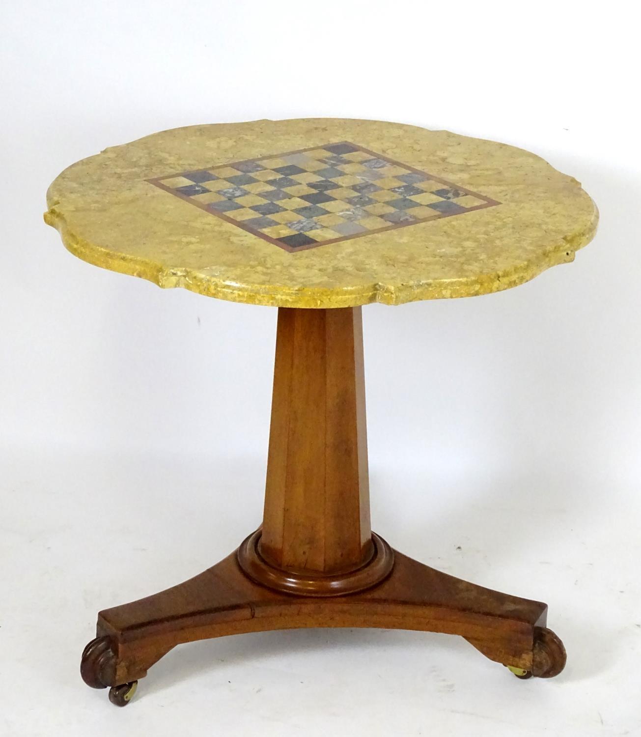 A Victorian marble top table with a shaped top and games board to centre, the bottom having a - Bild 2 aus 7
