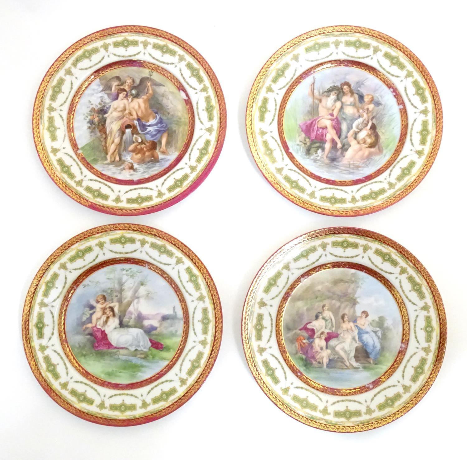 Four Royal Vienna plates depicting mythological figures to include Cupid and Psyche, Neptune and