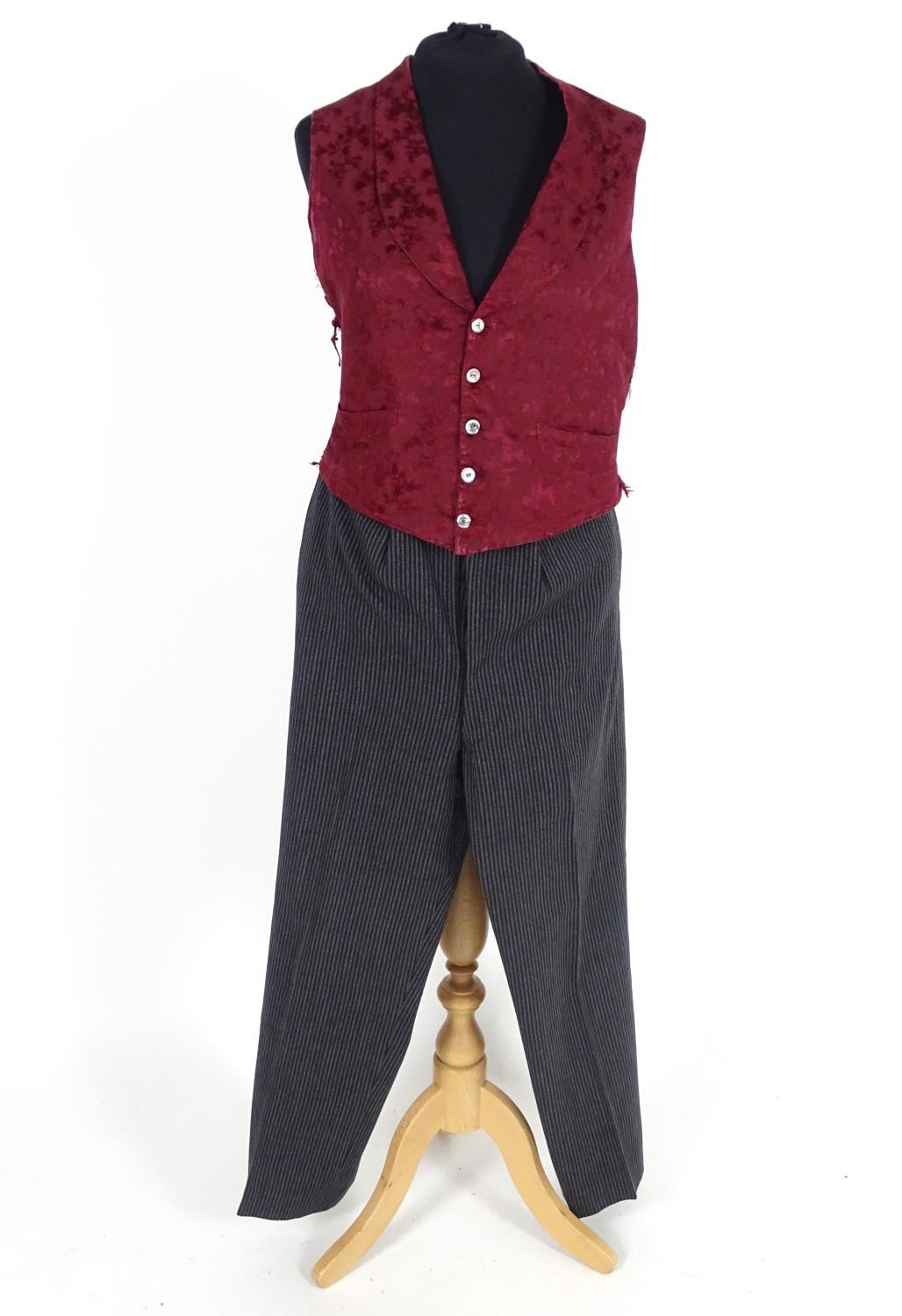 Vintage bespoke mens striped formal trousers with burgundy silk patterned waistcoat . Chest size 36"