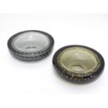 Two mid 20thC art glass dishes / ashtrays in the manner of Whitefriars, each 5" in diameter Please