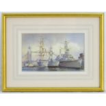 Ken W. Burton, XX, Marine School, Watercolour, HMS Belfast and training ships, with Tower Bridge,