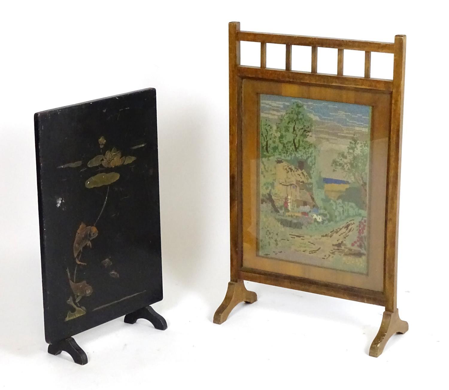 An early 20thC oak fire screen with inset & glazed tapestry decoration, together with a Japanese - Bild 3 aus 5