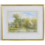 John Jessop Hardwick (1832-1917), Watercolour, A wooded river landscape with cattle grazing.