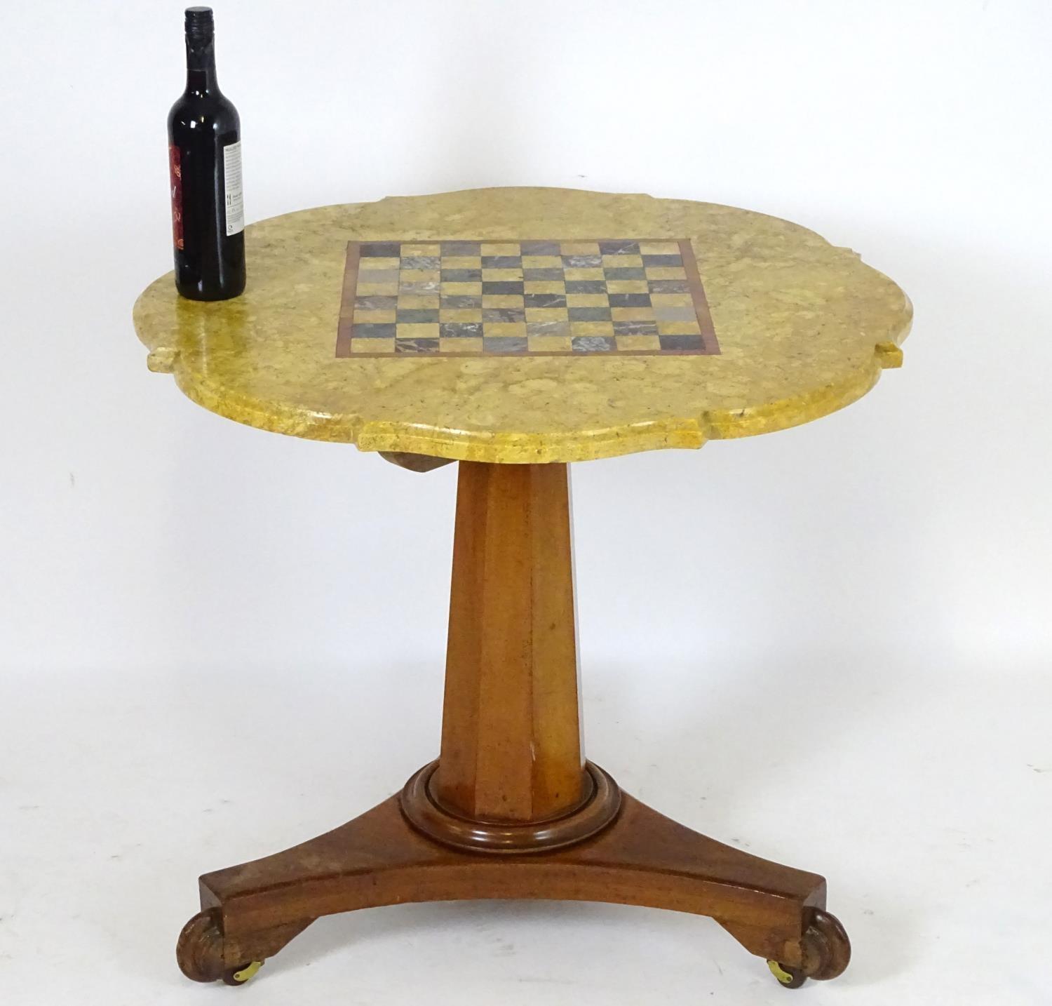 A Victorian marble top table with a shaped top and games board to centre, the bottom having a - Bild 4 aus 7