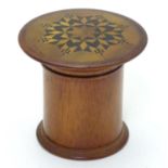 Kitchenalia : A 20thC treen nutmeg grater / container with parquetry style decoration to top