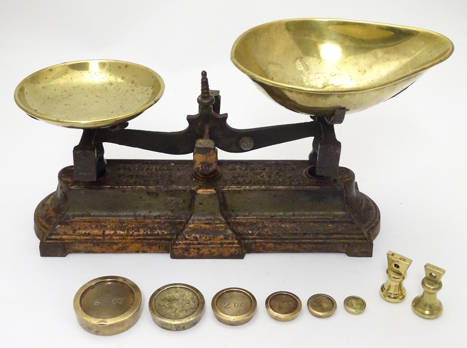 Shop balance scales by Parnall & Sons Ltd. with brass trays and associated weights. Please Note - we - Image 3 of 19