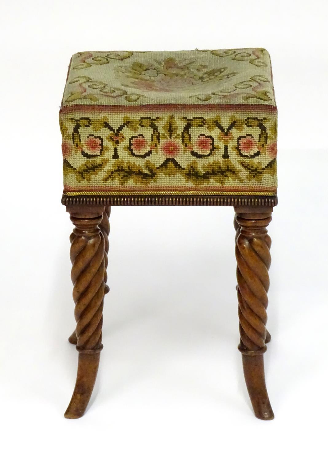 A Regency mahogany stool with a needlework squared top above four rope twist legs terminating in - Bild 4 aus 5