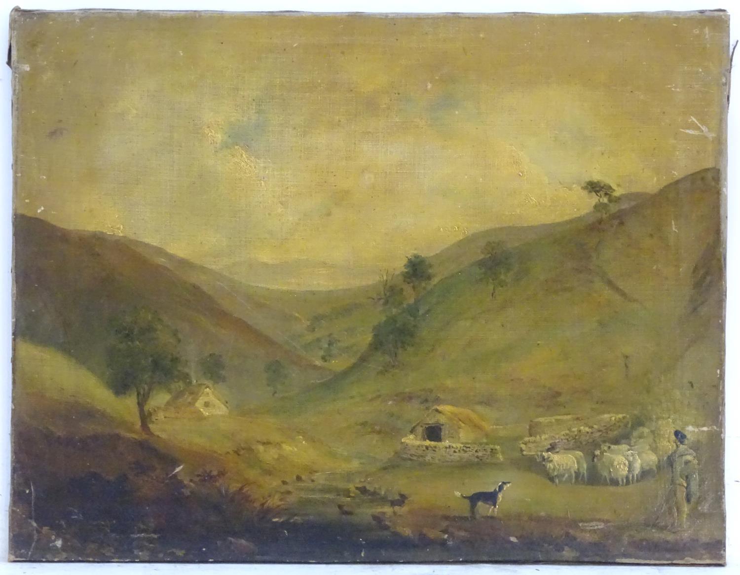 XIX, English School, Oil on canvas, A highland valley landscape with a Scottish shepherd with his