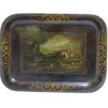 An early 19thC tole peinte tray, decorated with a stag hunting scene, with figures on horseback