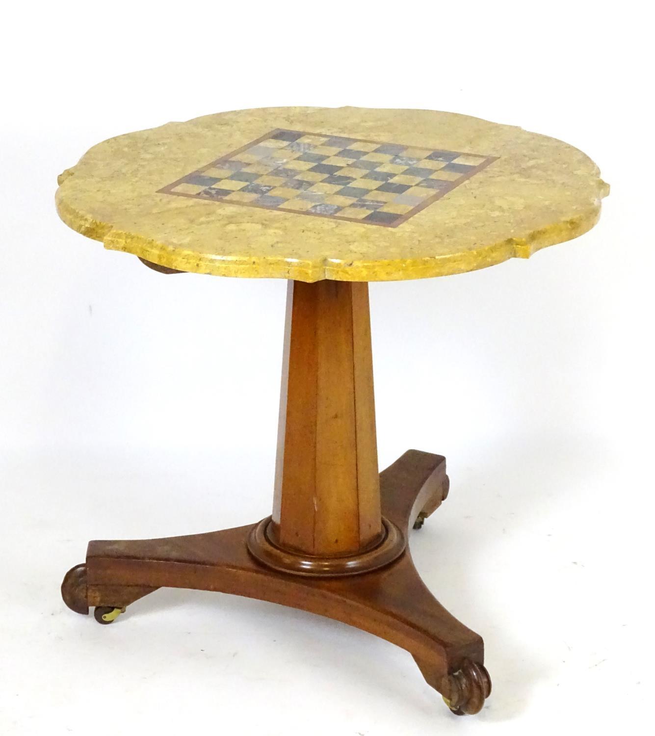 A Victorian marble top table with a shaped top and games board to centre, the bottom having a - Bild 5 aus 7