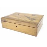 A late 19th / early 20thC olivewood sewing box the hinged lid inlaid with sewing implement