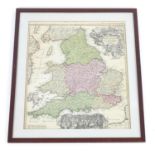 Map: An 18thC hand coloured engraved map of England and Wales by Johann Baptist Homann titled Magnae