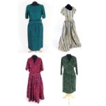 Bespoke vintage dresses to include; a pink/purple taffeta full length dress with belt, a green