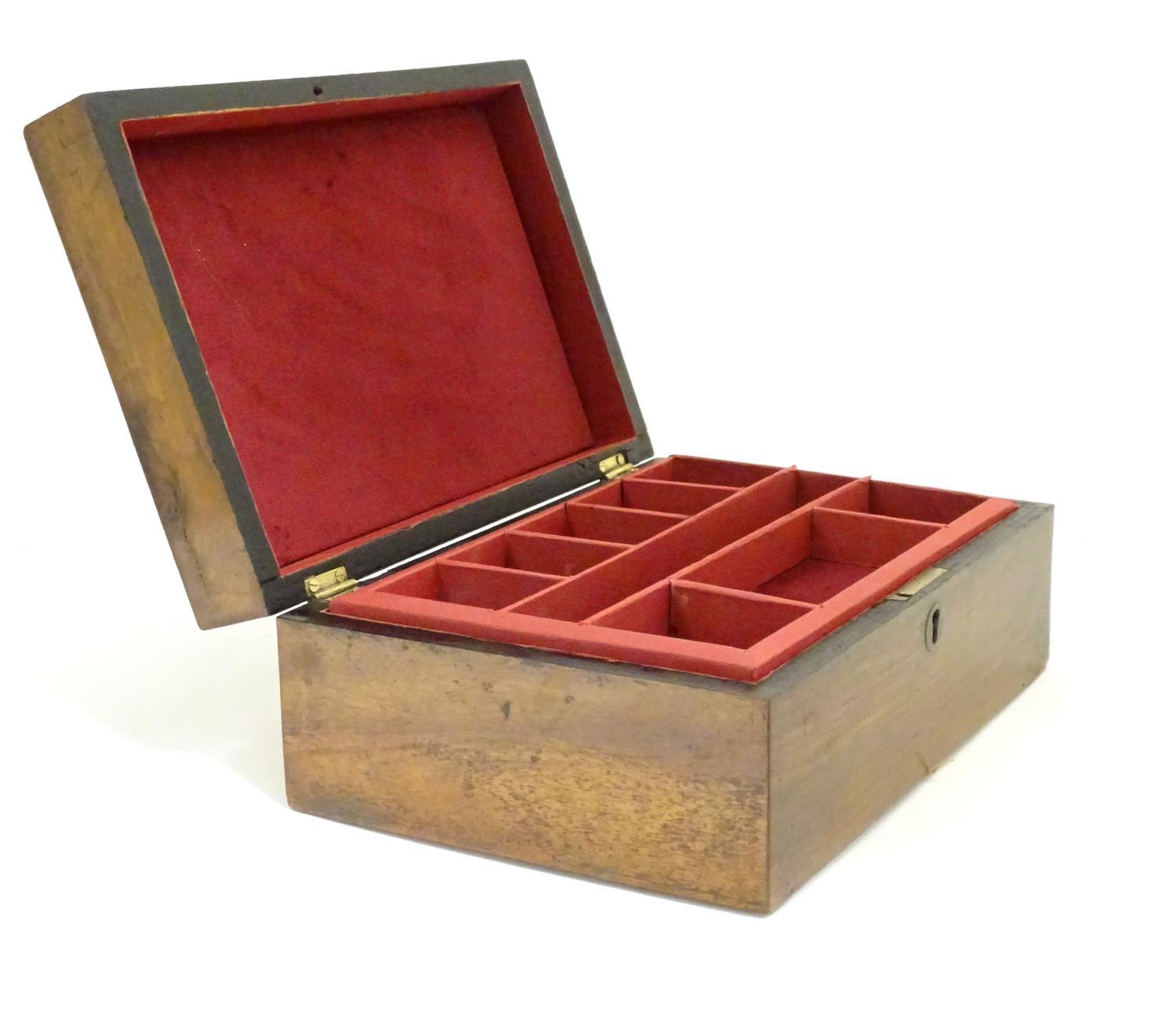 A 19thC walnut jewellery box with fitted lift out tray within. Approx. 3 3/4" high x 9 3/4" long x 6 - Image 6 of 7
