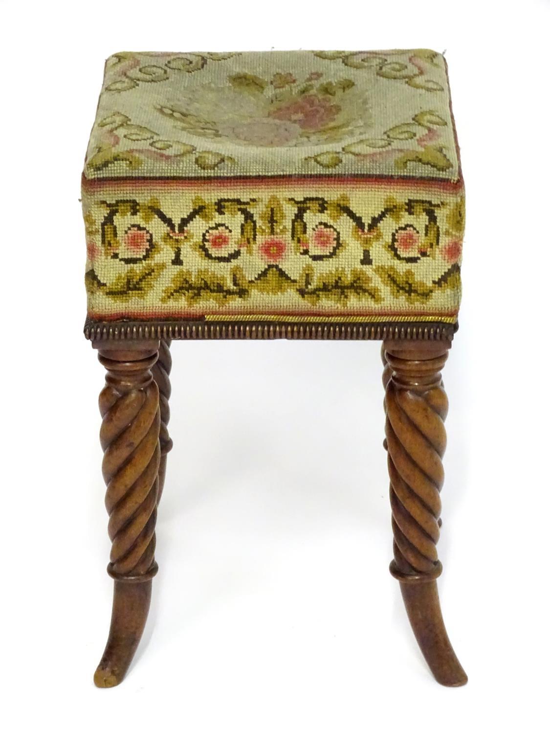 A Regency mahogany stool with a needlework squared top above four rope twist legs terminating in - Bild 2 aus 5