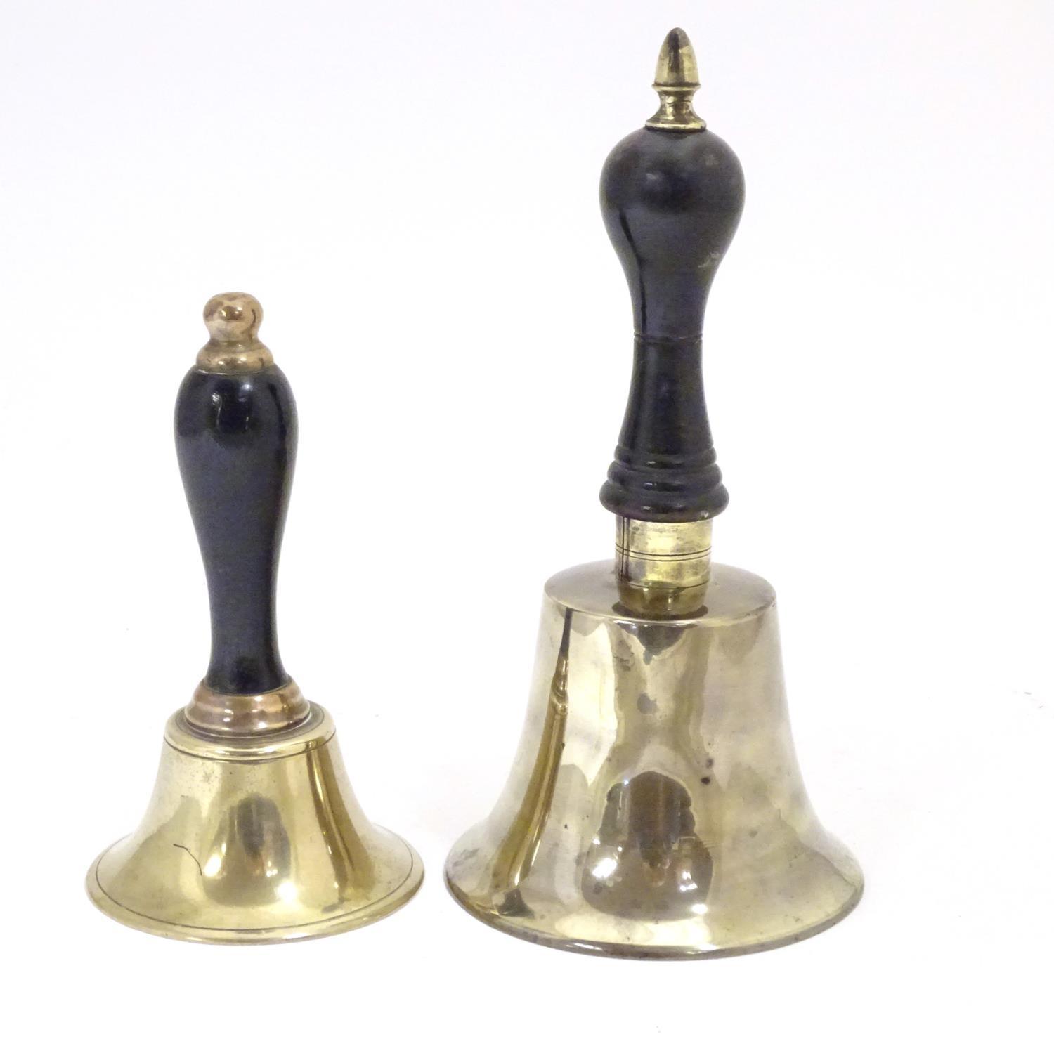 Two early 20thC brass hand bells with ebonised and turned handles. Largest approx. 7" high (2) - Image 3 of 5