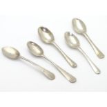 5 assorted silver and white metal snuff spoons. Each approx. 2 3/4" Please Note - we do not make