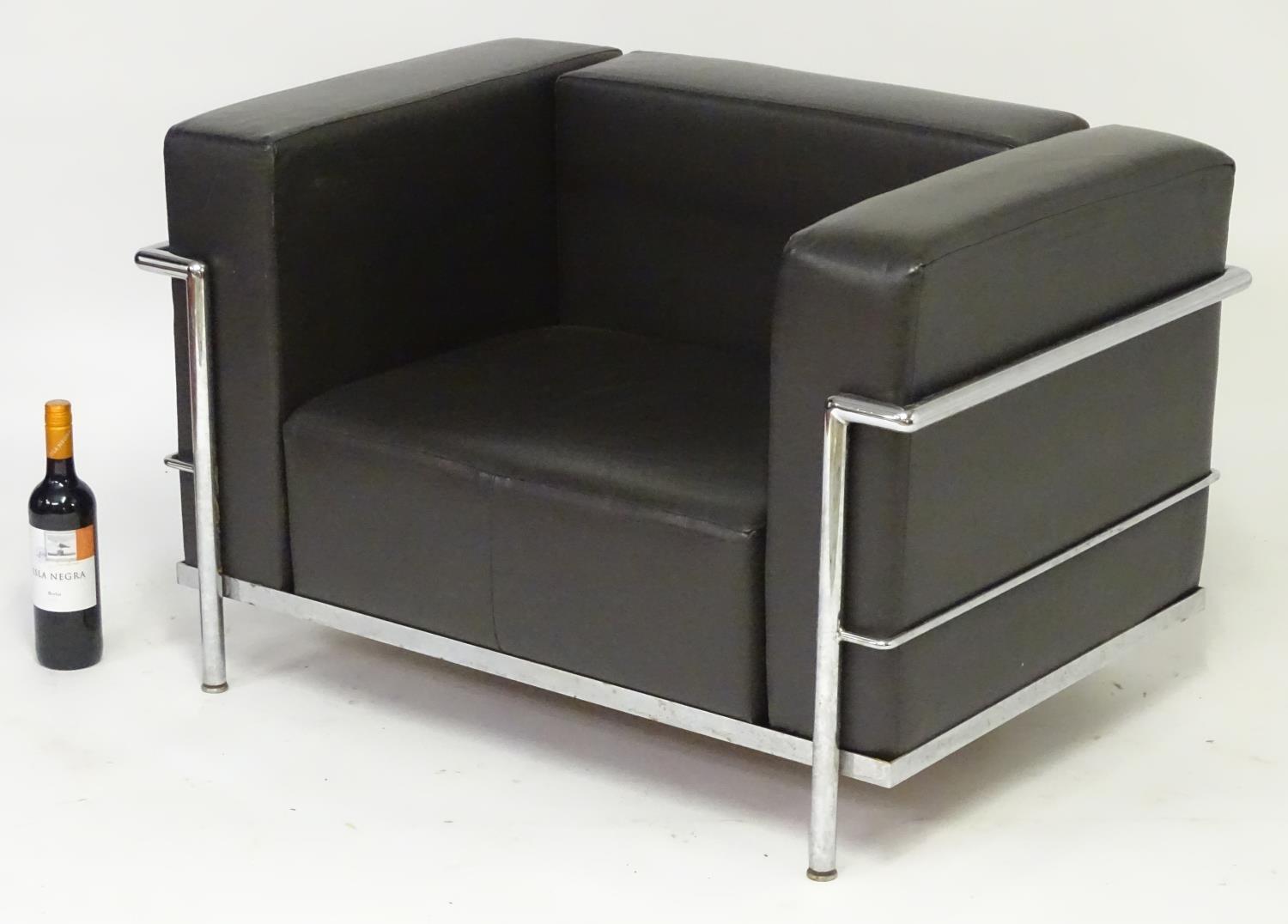 A pair of Le Corbusier LC3 chairs with leather backrests, seats, arms and chromed frames. 39" wide x - Bild 8 aus 10