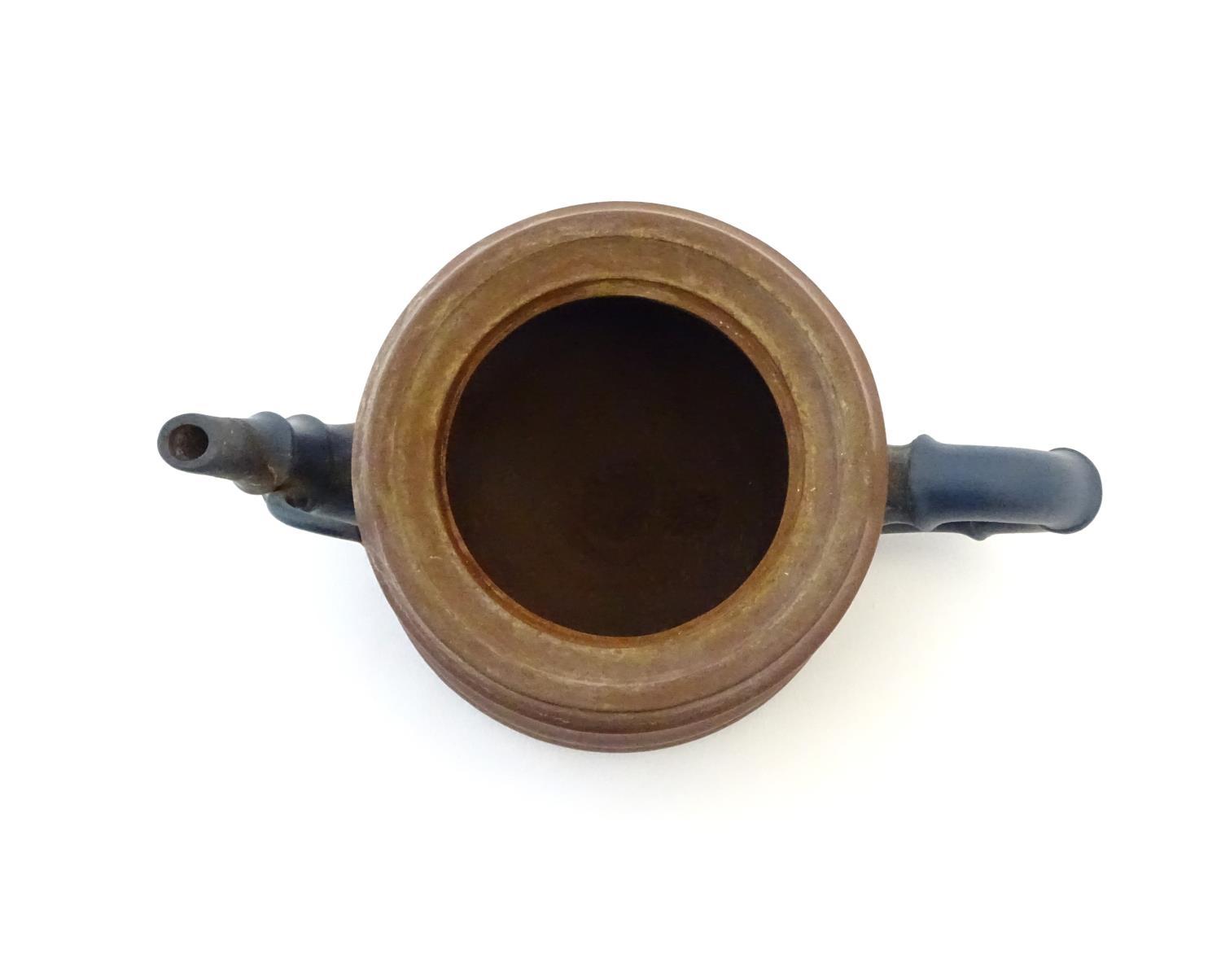 A Chinese clay teapot, the handle and spout modelled as stylised bamboo, the lid surmounted by a - Image 12 of 15