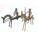 Two Picasso style horse sculptures, an iron example depicting a soldier riding. Approx. 13" long x 7