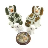 A Victorian Prattware pot lid Both Alike, depicting with two dogs. Together with two pairs of