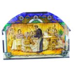 Garden & Architectural, Salvage: a painted glass panel depicting a Victorian dining scene, signed '