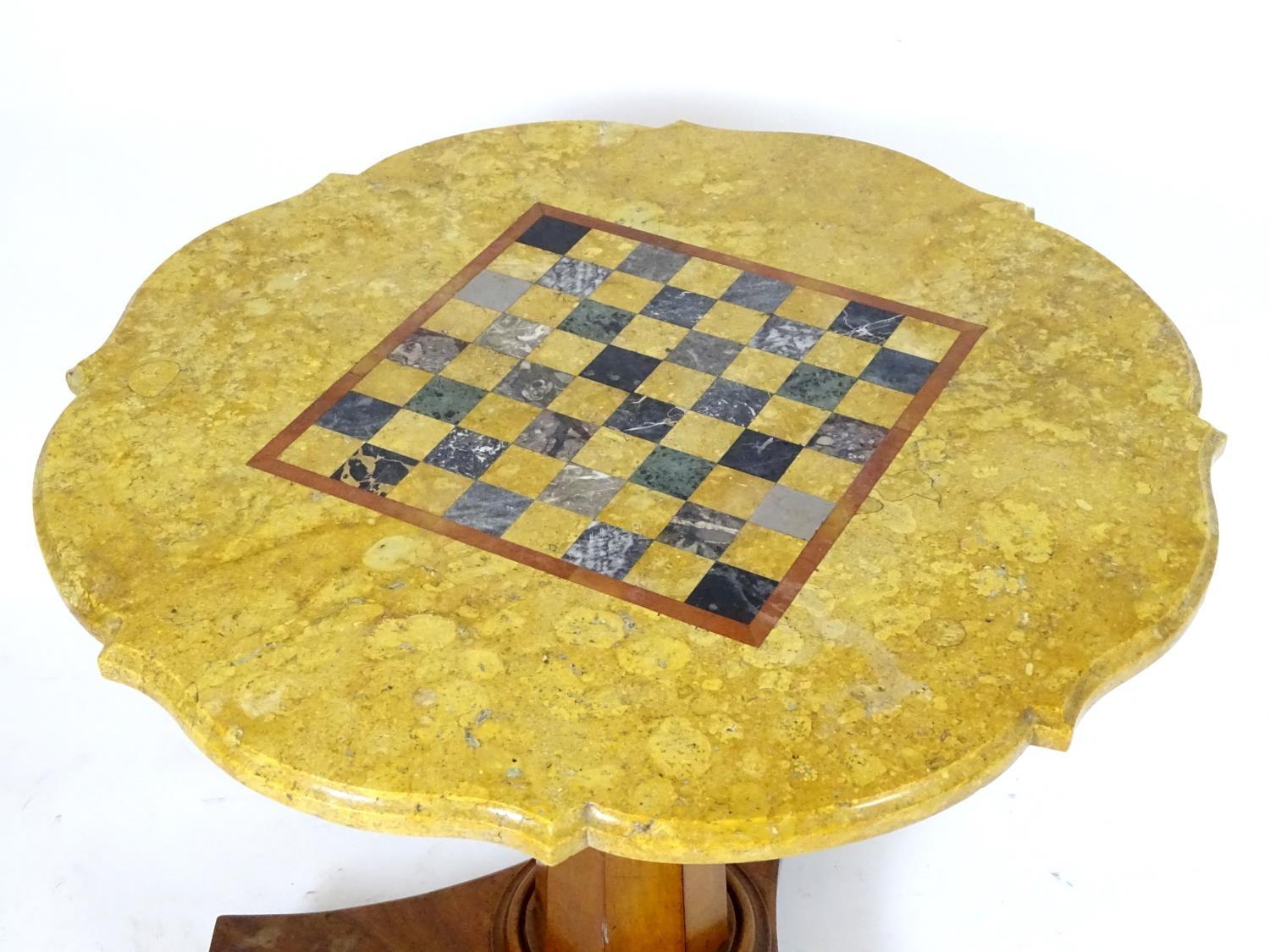 A Victorian marble top table with a shaped top and games board to centre, the bottom having a - Bild 7 aus 7