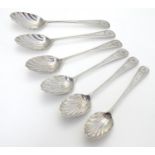 6 Geo III silver teaspoons with bright cut decoration and shell formed bowls . Hallmarked London