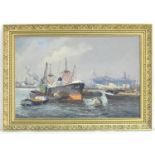 Manner of Jan Schaeffer, XX, Oil on canvas, A busy dock scene with moored ships and boats
