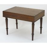 A 19thC mahogany bidet with a rectangular cover and standing on turned tapering legs terminating