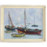 Marion Coker, XX, Marine School, Oil on board, Fishing boats moored at sea. Signed lower right.