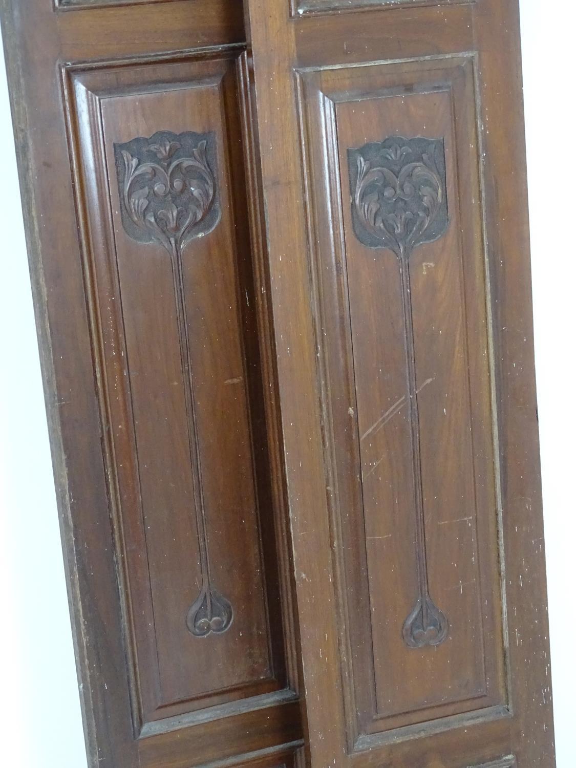 A pair of early 20thC mahogany panels with carved Art Nouveau decoration. 13" wide x 55" high. - Image 5 of 5