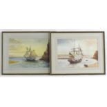 Anthony Gregson, XX, Watercolour and ink, x2, Sailing ships / galleons off the shore at sunrise /