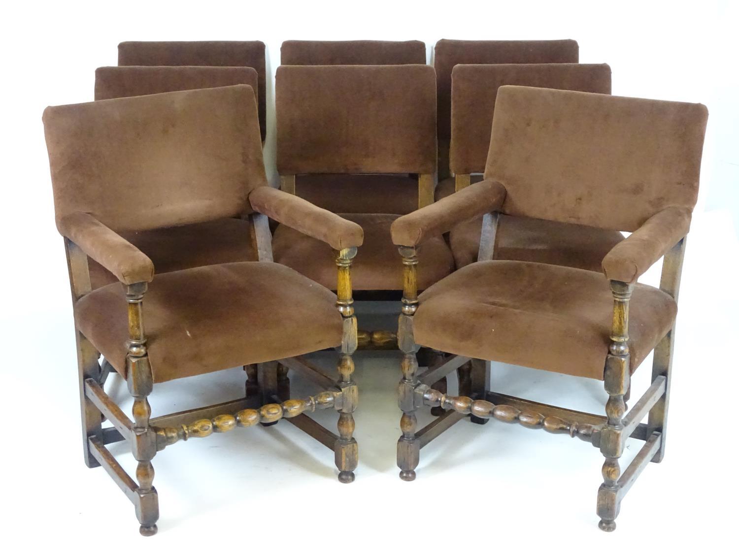 A set of eight early 20thC oak Jacobean style dining chairs with block and turned supports and - Bild 5 aus 5