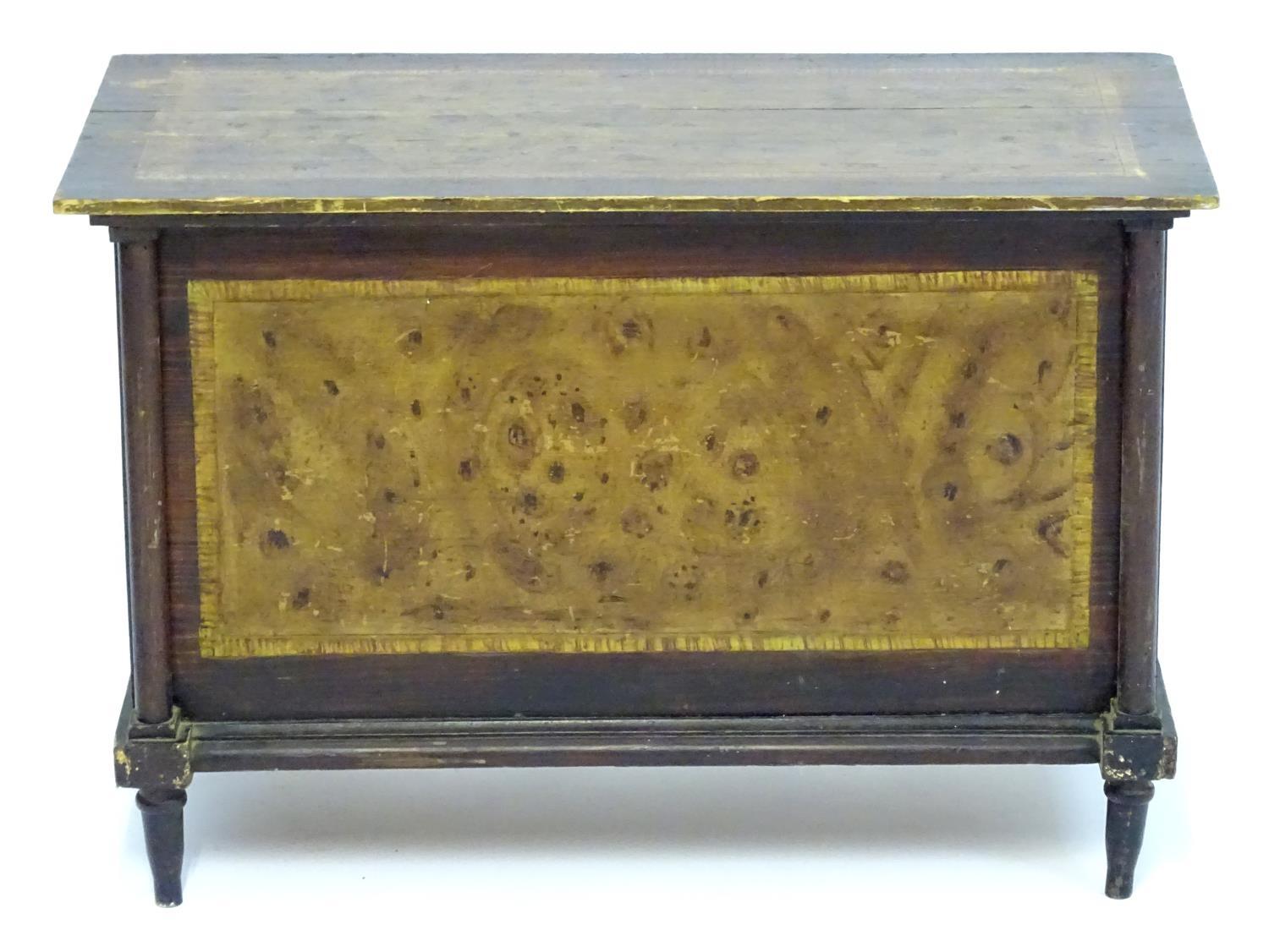 An early 20thC scumbled pine painted box with turned columns to the face and raised on turned - Image 2 of 4