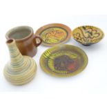 Five items of assorted ceramics to include two Poole pottery plates with incised fish decoration,