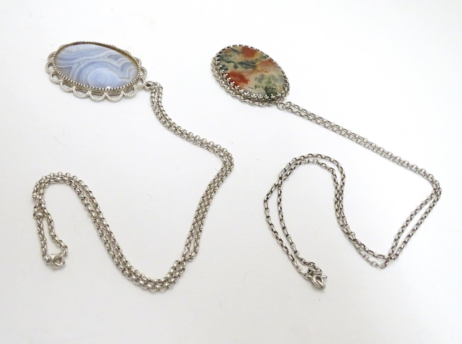 Two silver pendants and chains each set with agate cabochons, one moss agate. Each pendant approx 2" - Image 3 of 11