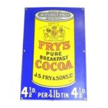 A late 20thC Fry's Breakfast Cocoa enamel sign. Approx. 21" x 14" Please Note - we do not make