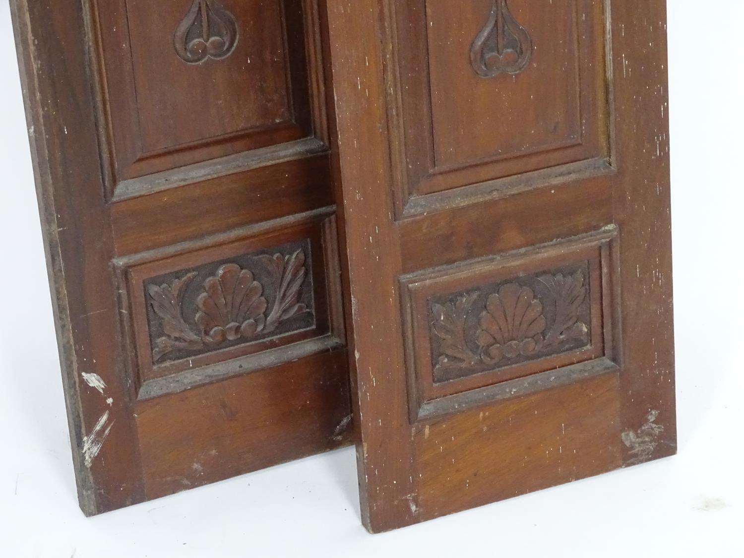 A pair of early 20thC mahogany panels with carved Art Nouveau decoration. 13" wide x 55" high. - Image 4 of 5