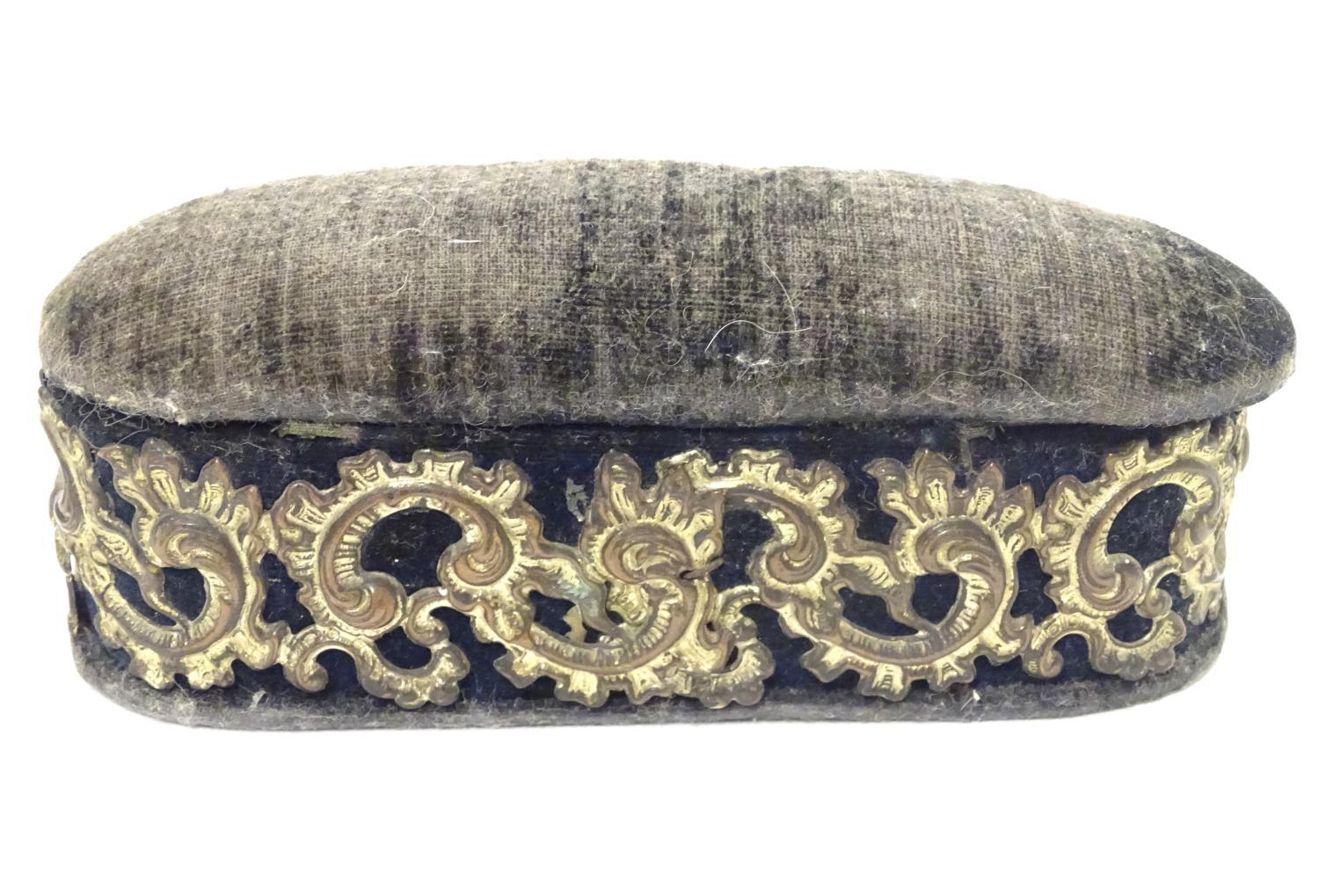 Militaria: a white metal mounted oval sewing container/pin cushion, containing a British Army - Image 2 of 5