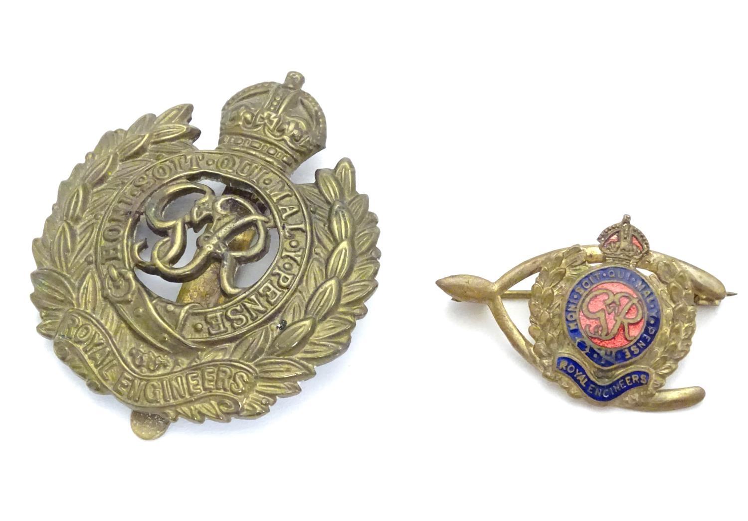 Militaria : a mid-20thC brass Royal Engineers cap badge and lapel badge, the largest 1 5/8" wide |( - Image 3 of 6