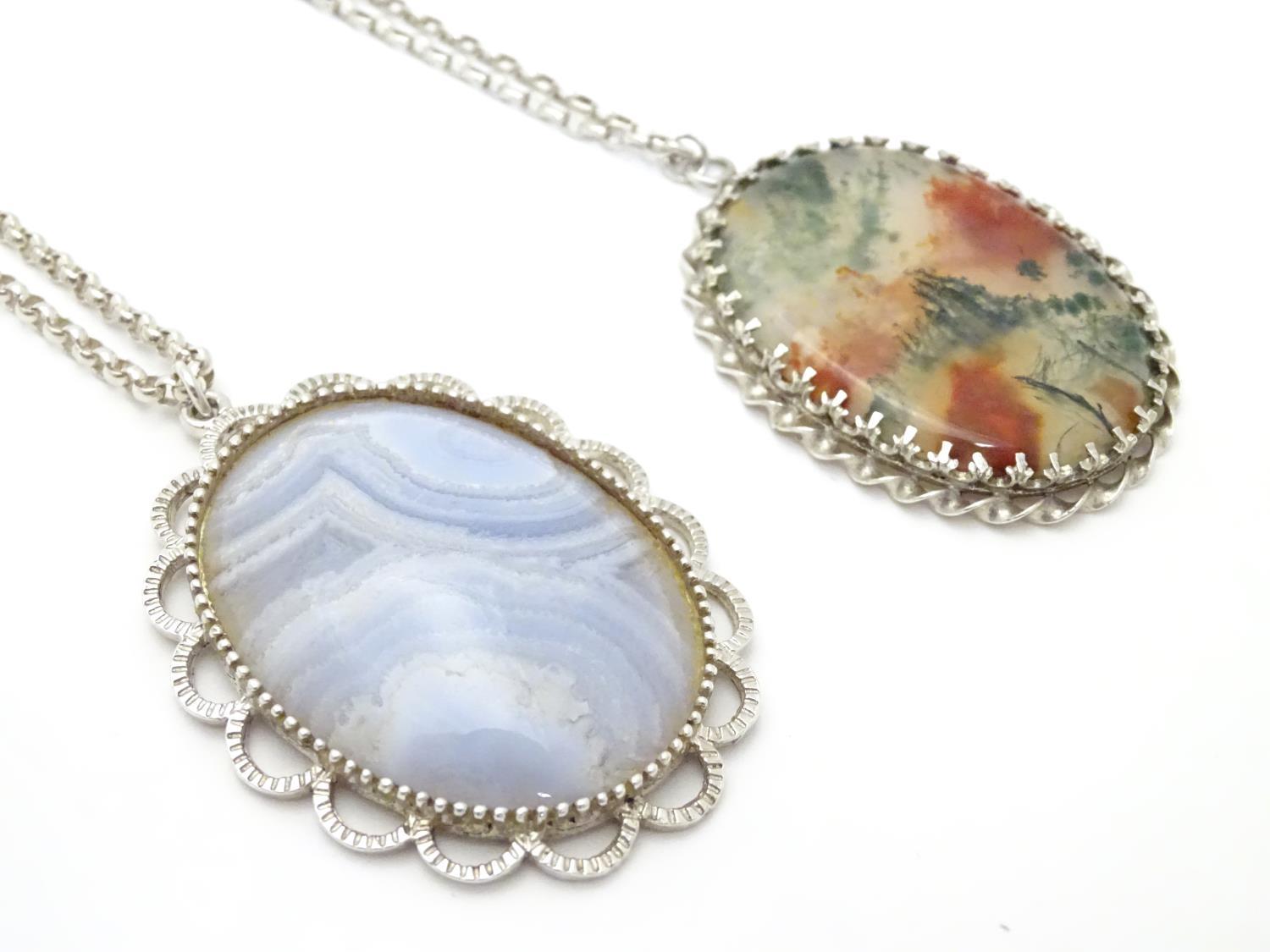 Two silver pendants and chains each set with agate cabochons, one moss agate. Each pendant approx 2" - Image 2 of 11