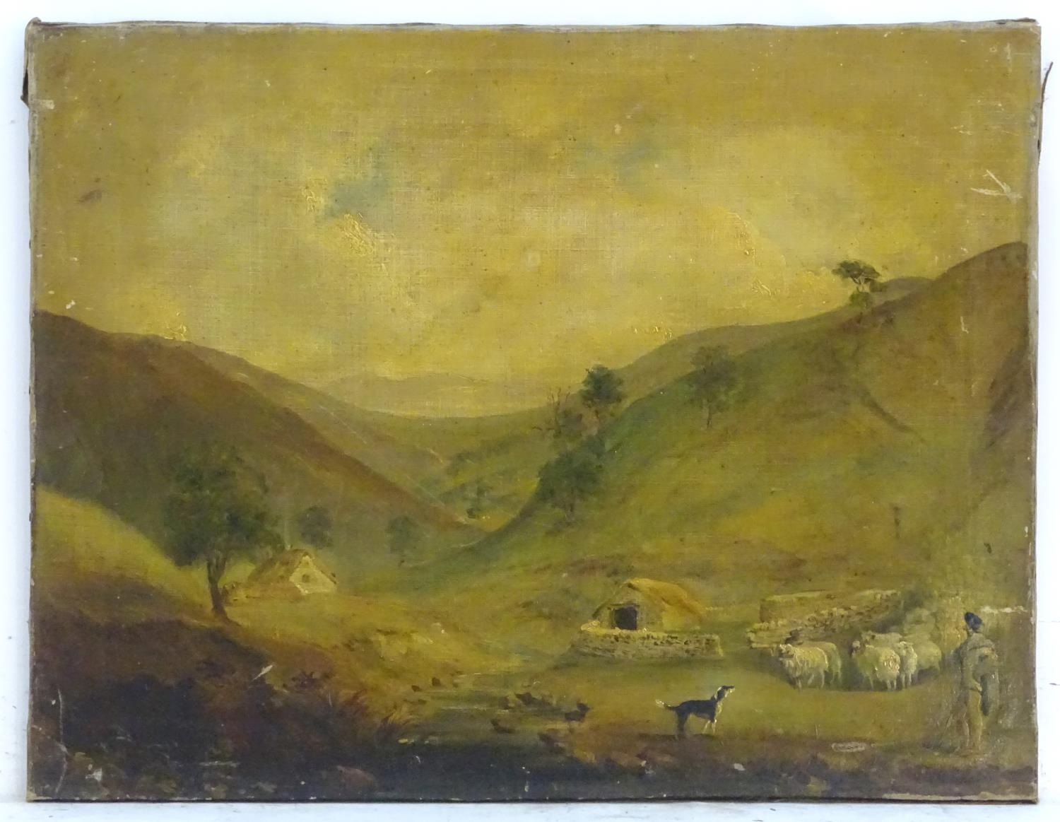 XIX, English School, Oil on canvas, A highland valley landscape with a Scottish shepherd with his - Image 3 of 3