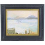 Manner of John Lavery, Oil on board, Scottish loch scene with shipping. Approx. 8" x 10 1/2"