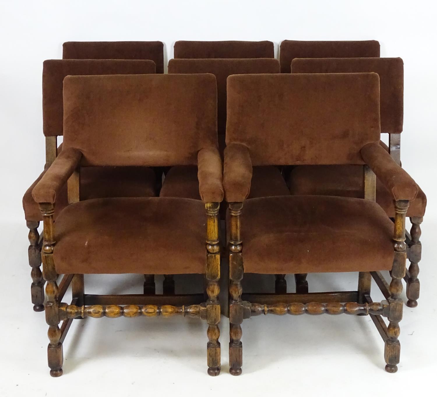 A set of eight early 20thC oak Jacobean style dining chairs with block and turned supports and - Bild 3 aus 5