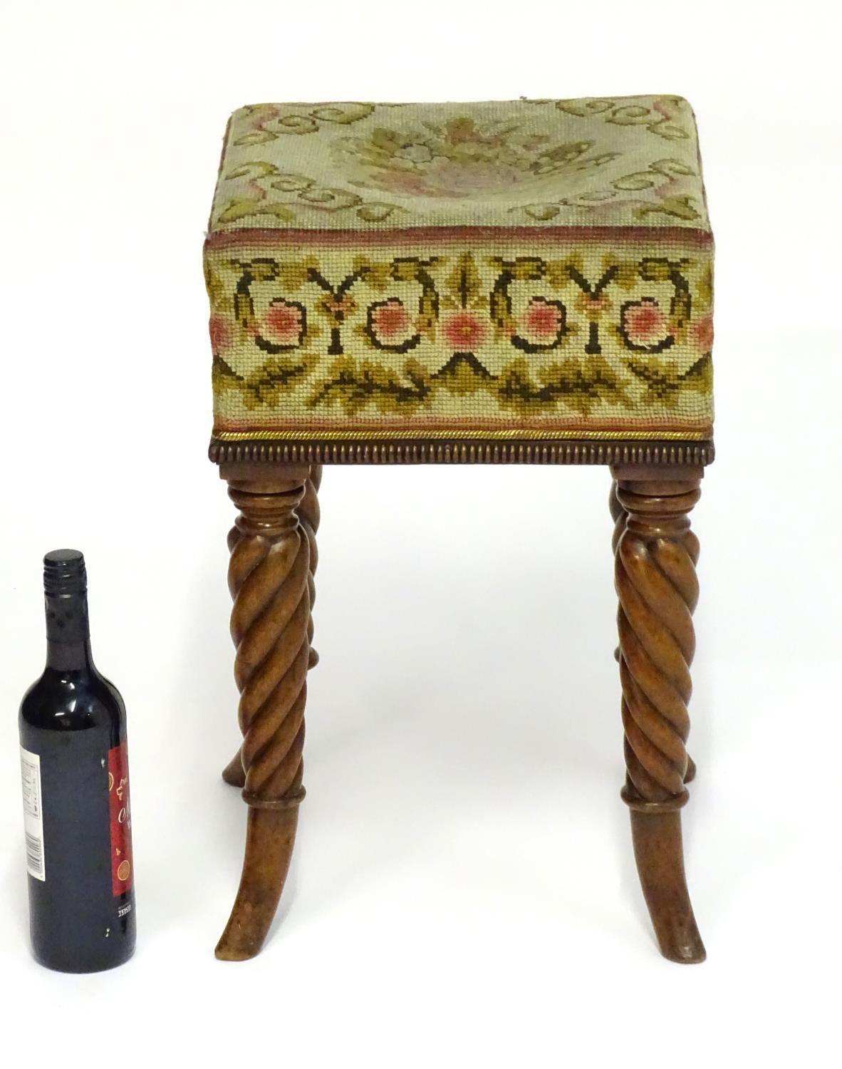 A Regency mahogany stool with a needlework squared top above four rope twist legs terminating in - Bild 3 aus 5