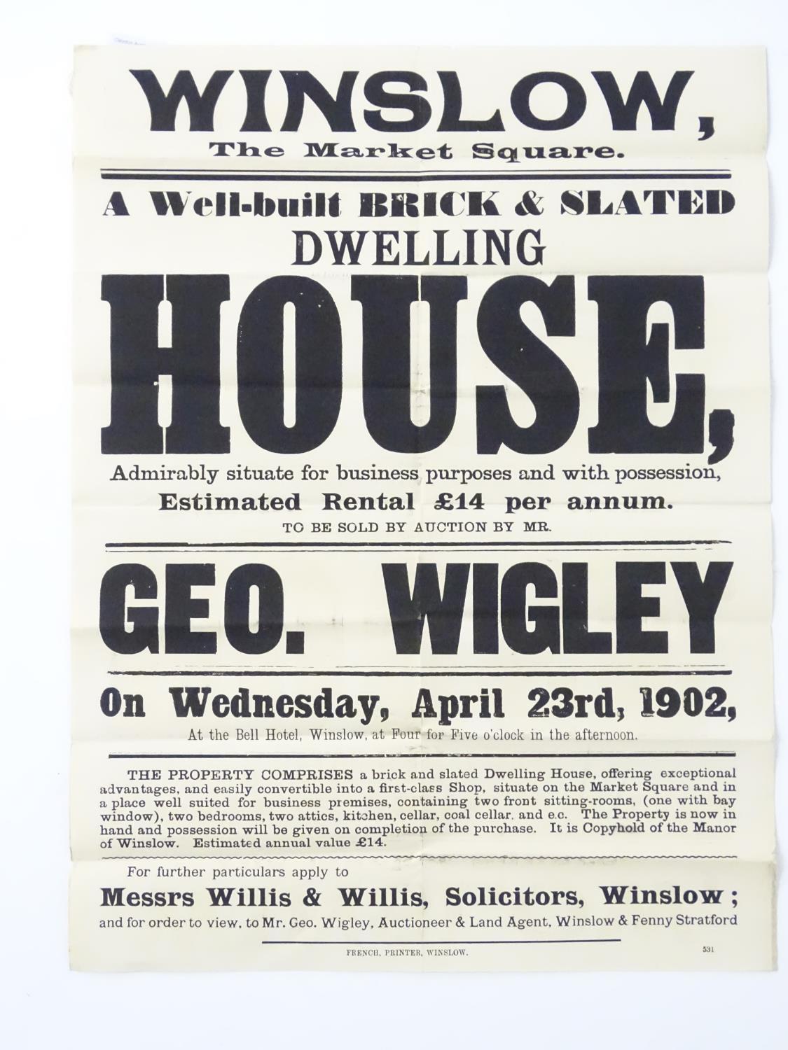 Buckinghamshire local interest : an Edwardian auction poster, ' Winslow, The Market Square... - Bild 4 aus 6